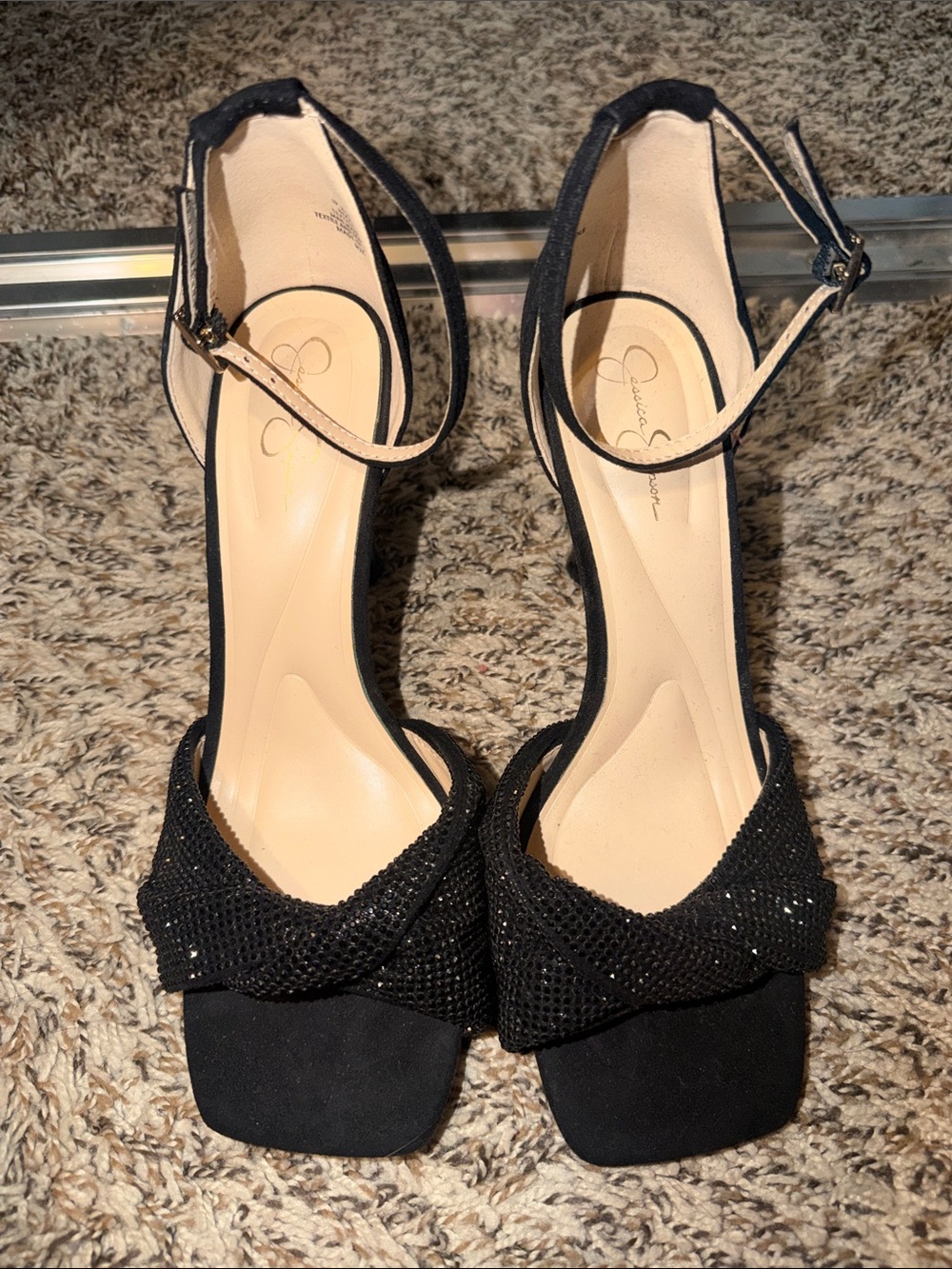 Jessica Simpson Black Sparkle Ankle-Strap Heels